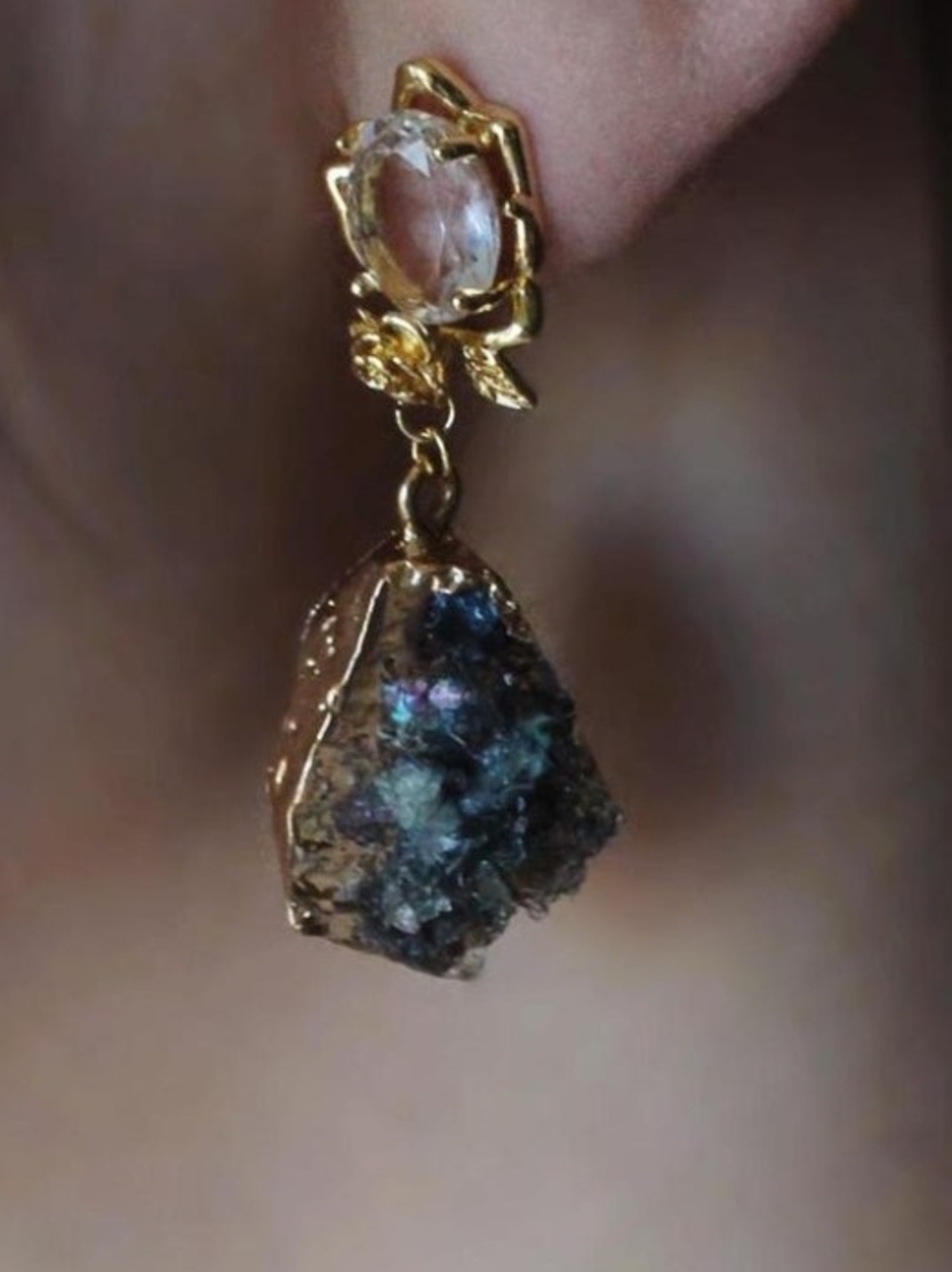 Gold-Tone Druzy Drop Earrings with Clear Stone Accent